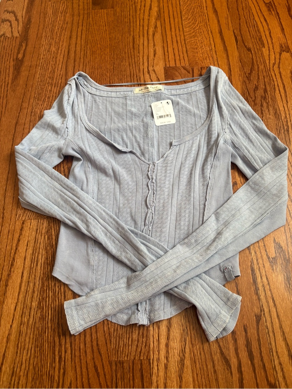 Free People Pale Blue Ribbed Long Sleeve Scoop Neck Top